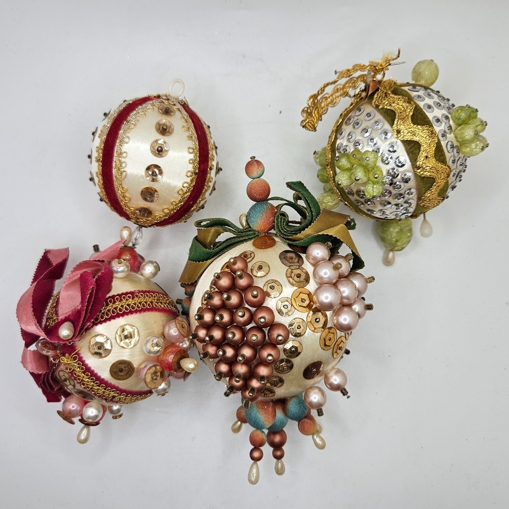 Vintage Lot of 4 Handmade Satin Sequin Beaded Christmas Ball Ornaments‎